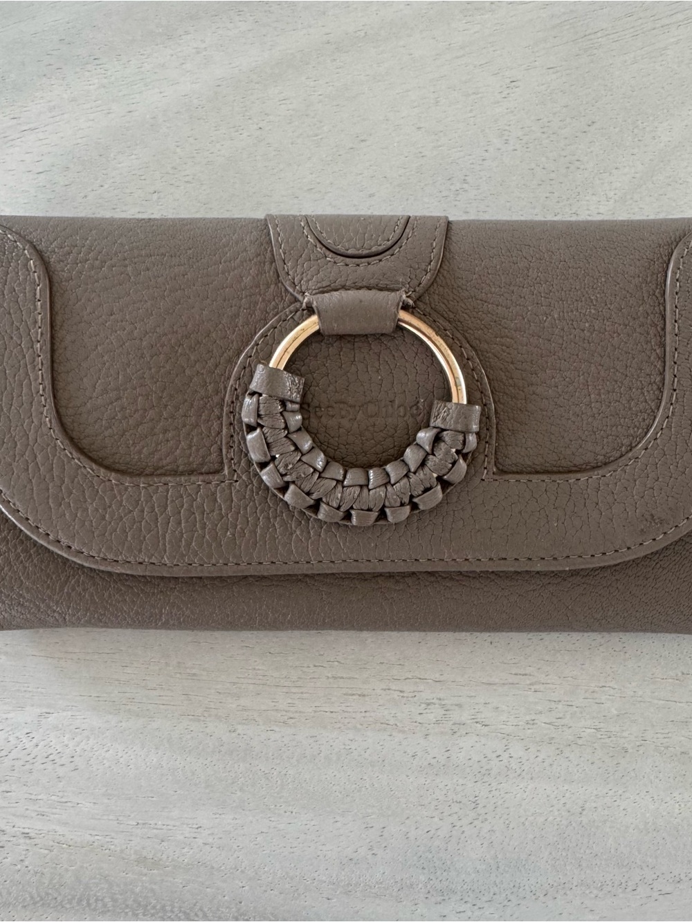 See By Chloe Hana Long Wallet Taupe Pebbled Leather Minimalist Braided Ring